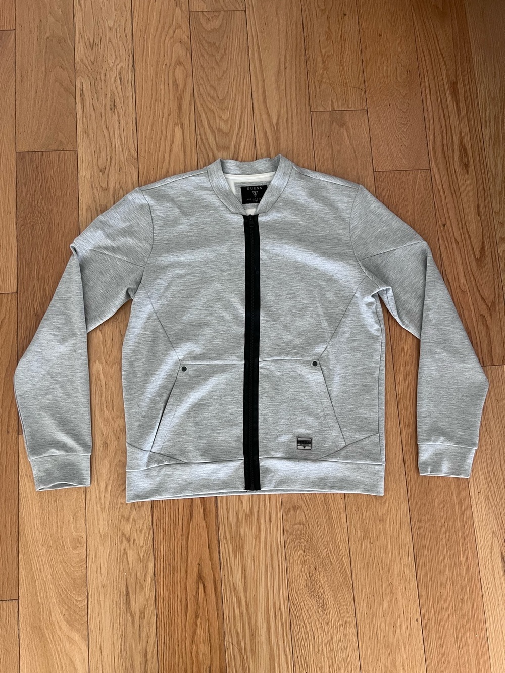 Guess Men's Light Gray Zip-Up Sweater with Black Trim